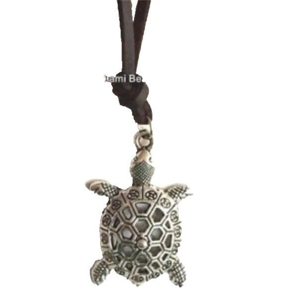 Surfer Sea Turtle Necklace Silver Tone Filigree Nautical Plated Brown Cord 24" - Picture 7 of 7